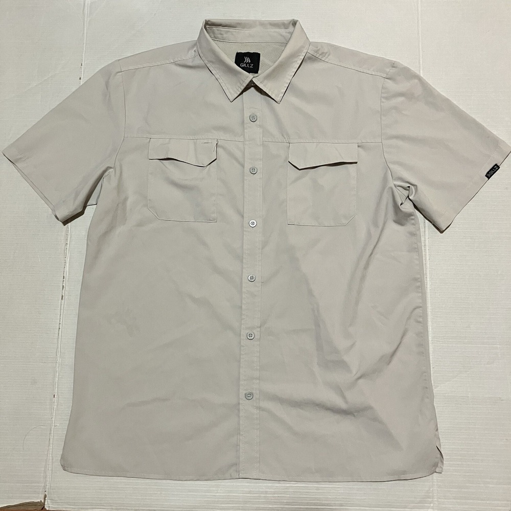 Gillz Shirt Mens Large‎ Beige Button Up Short Sleeve Outdoor Fishing Tech Vented